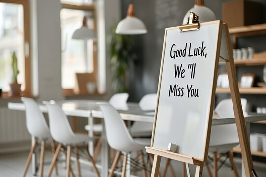 A whiteboard in an office with a message saying "Good Luck, We'll Miss You," set up for a farewell event. Bright and modern office environment.
