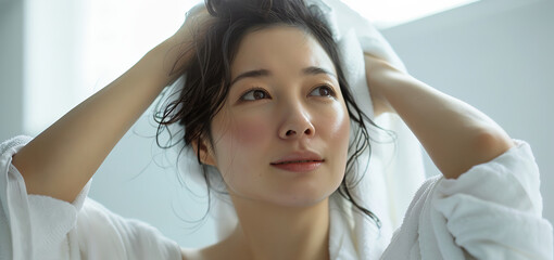 風呂上がりに髪をタオルで拭く中年女性　美容イメージ　AI