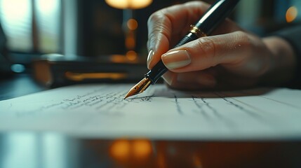 A close-up shot of a hand signing an intellectual property rights document, sleek fountain pen in hand, patent certificate faintly visible in the background, modern office setting, wooden desk,