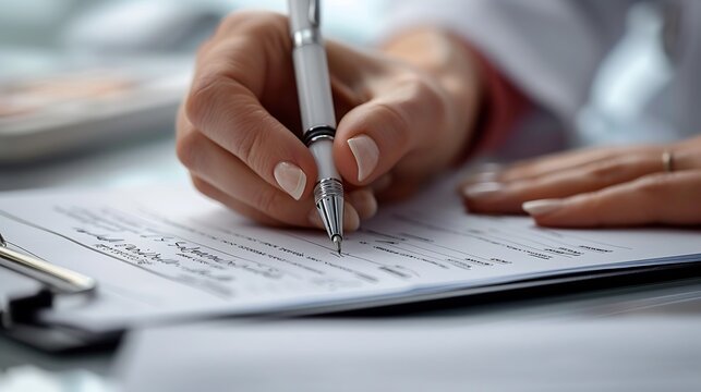 A detailed shot of a hand signing a medical consent form, luxury pen, healthcare office background, white desk with medical documents, form text out of focus,
