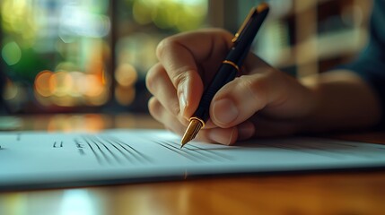 A detailed shot of a hand signing a scholarship acceptance letter, luxury pen, graduation cap in focus, professional study background, wooden desk with documents, letter text out of focus,