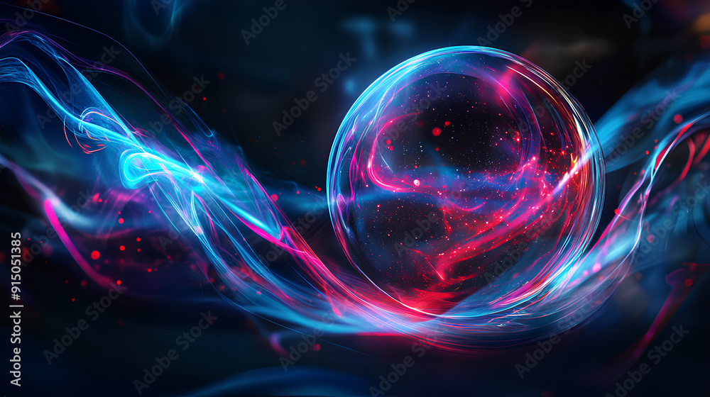 Sticker futuristic abstract neon energy ball with glowing magical waves on dark background