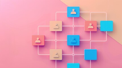 Obraz premium Colorful abstract flowchart with pastel blocks and icons connected by lines, symbolizing networking and organizational structure.