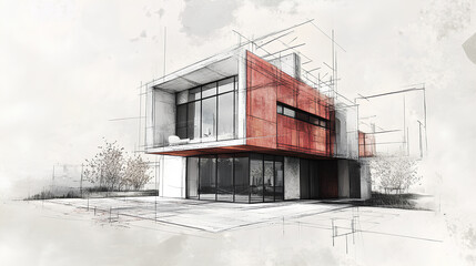 Contemporary architectural sketch with pencil and markers of a house facade, technical drawn background