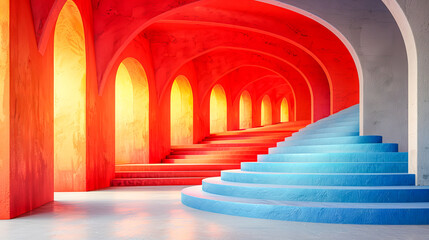 Fototapeta premium Staircase ascending through series of red arches in modern building