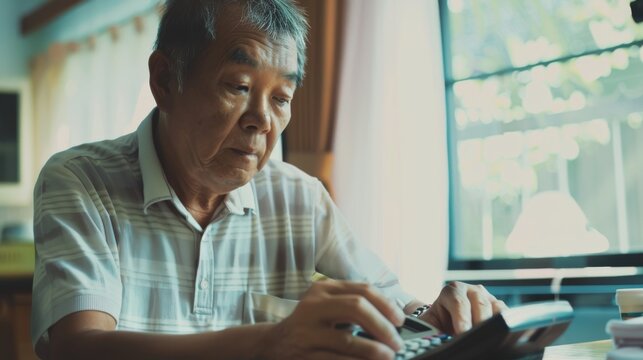 An elderly man concentrates as he uses a calculator at a sunlit table, embodying a moment of focus and wisdom in daily life.