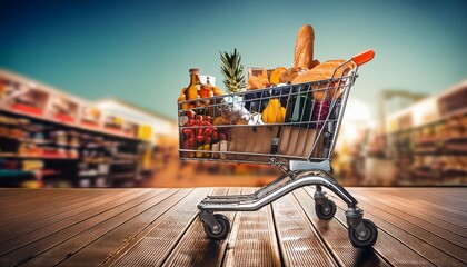 A classic shopping cart overflowing with groceries.