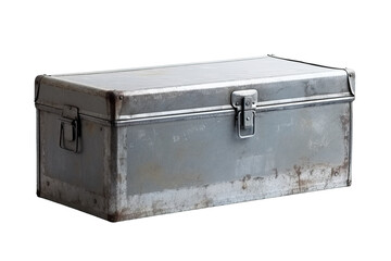 Rustic Metal Toolbox Resting on a Wooden Surface in a Sunny Workshop on Transparent PNG Background..