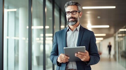 portrait of a professional man in his late forties wearing glasses and holding an iPad standing inside of modern office with glass walls.