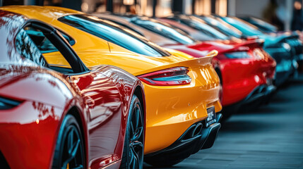Fototapeta premium Backview of Vibrant Sports Cars Parked for Sale and Rental