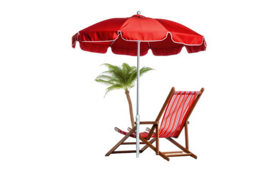 Sunny Beach Day With Red Umbrella and Striped Lounge Chair Under Clear Blue Sky on Transparent PNG Background..