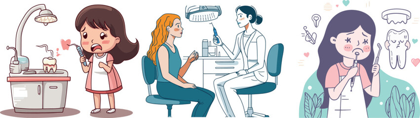 Fear of dentists. There is a sketch of a frightened character with a dental problem, a patient with tooth pain panics and fears his dentist