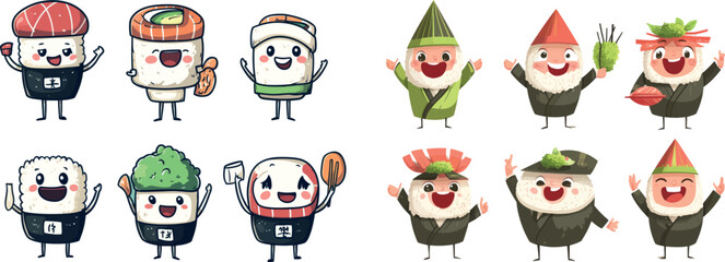 Fototapeta premium Animated cartoon sushi rolls character. Animated cartoon sushi rolls character.