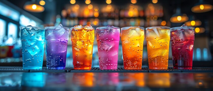 Colorful drinks in plastic cups, lined up on a bar, glowing under bright lights, festive and vibrant atmosphere