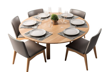 Elegant Round Dining Table Decorated for a Cozy Evening Gathering With Stylish Chairs on Transparent PNG Background..