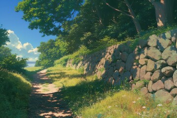 日本の田舎の風景のイラスト（田んぼ・里山・青空・雲・アニメ・家・自然）
