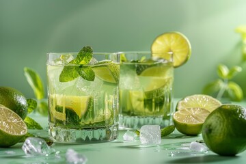 Refreshing lime and mint mojito cocktail in clear glasses with ice on green background
