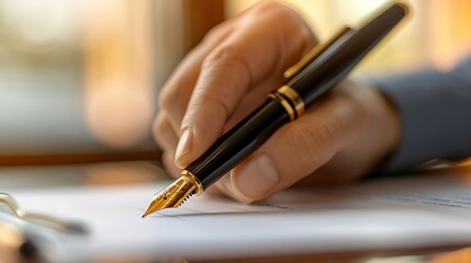 Detailed close-up of a hand signing an intellectual property agreement, high-end pen with gold accents, patent certificate visible, professional office setting, sleek desk,