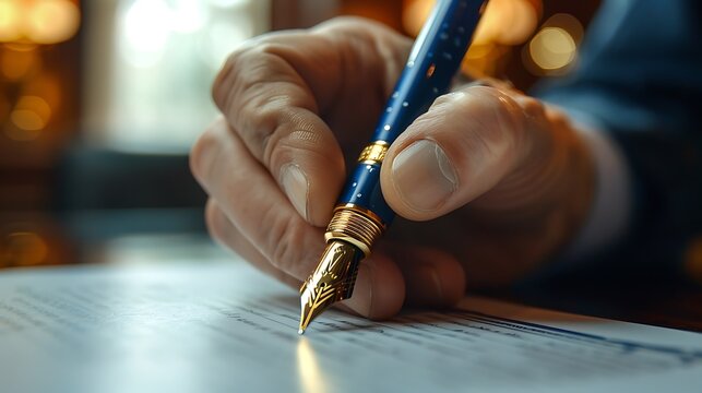 Detailed close-up of a hand signing an intellectual property agreement, high-end pen with gold accents, patent certificate visible, professional office setting, sleek desk,