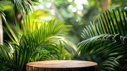 Fototapeta premium Blurry green palm leaves as background for wooden podium in outdoor tropical garden.