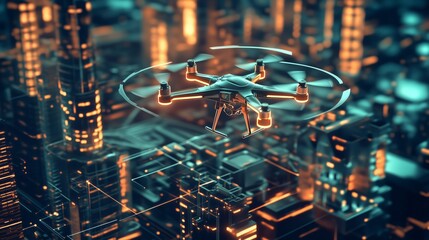 Droni futuristici in missione di mappatura 3D, volano autonomamente attraverso paesaggi digitali, combinando precisione e innovazione per una sorveglianza avanzata e interattiva.