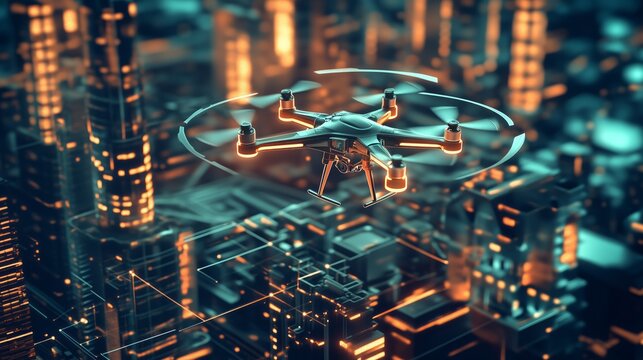 Droni futuristici in missione di mappatura 3D, volano autonomamente attraverso paesaggi digitali, combinando precisione e innovazione per una sorveglianza avanzata e interattiva.