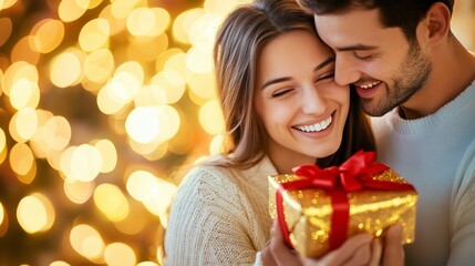 Un uomo e una donna sorridono mentre si scambiano un regalo con un fiocco rosso, circondati da luci dorate. L'immagine trasmette amore, gioia e spirito natalizio.