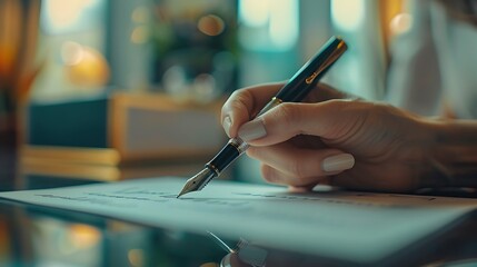 Hand signing a product warranty registration, elegant fountain pen in use, product box subtly in the background, polished glass desk, registration text out of focus, soft office lighting, hd quality,