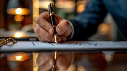 Hand signing a purchase order with a luxury pen, office background with product samples, polished desk, document slightly blurred, ambient lighting highlighting pen and hand, hd quality, natural look.