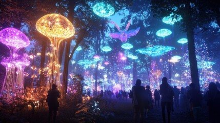 A 2025 New Year’s Eve festival in a neon-lit forest, where interactive light installations and holographic creatures create a magical atmosphere as attendees celebrate the start of the new year 