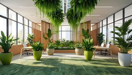 Fototapeta premium Green biophilic design of workplace office