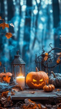 Sfondo di Halloween, zucche intagliate, illuminate dall'interno, creano un'atmosfera misteriosa e spaventosa in una foresta nebbiosa, circondate da lanterne e candele accese.