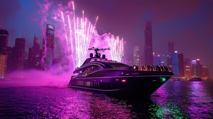 A grand 2025 New Year’s Eve party aboard a luxury yacht, where guests enjoy a view of the city’s futuristic skyline and a drone light show that illuminates the night sky 