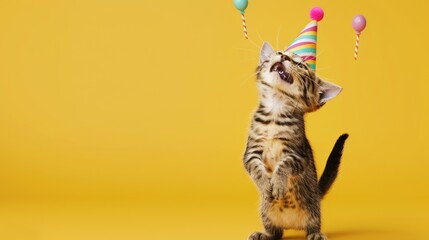 Birthday Cat with Party Hat and Balloons