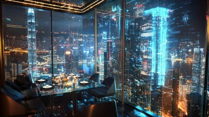 A private 2025 New Year’s Eve dinner in a glass-walled restaurant high above the city, where each course is served by a robotic chef, and the countdown is projected onto the surrounding skyscrapers 