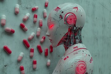 Red robotic figure in a dynamic pose with pills raining down visualizing the impact of robotics in fast paced pharmaceutical environments.