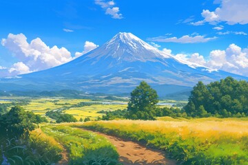 日本の富士山がある風景のイラスト（世界遺産・里山・青空・雲・アニメ・自然）