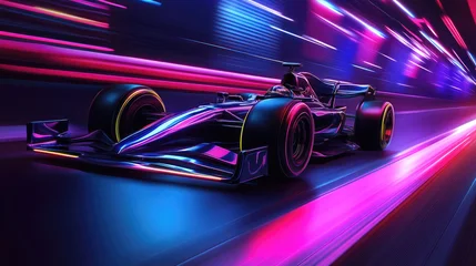 Naadloos Fotobehang Airtex Extreme Speed Formula 1 Car Racing with Neon Lights © Thanos