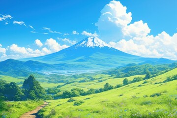 日本の富士山がある風景のイラスト（世界遺産・里山・青空・雲・アニメ・自然）