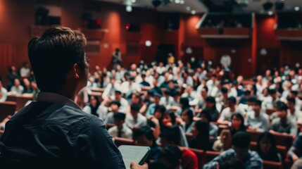 A presenter addresses a full auditorium, viewed from behind, with a blurred audience intently listening and watching.
