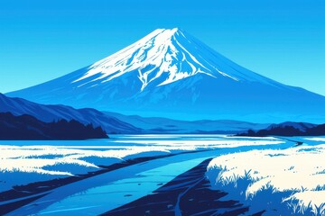 日本の富士山がある風景のイラスト（世界遺産・里山・青空・雲・アニメ・自然）