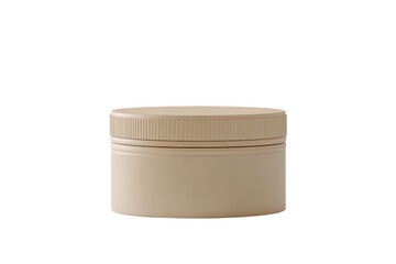 Minimalist beige plastic container with a screw-on lid, perfect for beauty, skincare, and cosmetic product storage. Isolated on a transparent background.