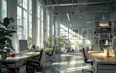 Minimalist workspace with natural wooden desks and comfortable black office chairs in natural sunlight