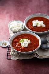 Refreshing strawberry gazpacho with cheese