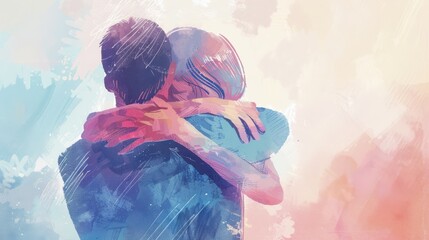 Two people share a warm embrace, surrounded by a gentle blend of colors that evokes a sense of love and connection