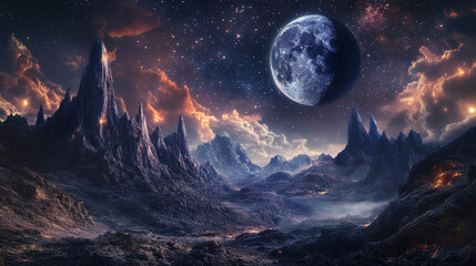 A massive moon hangs high in the star-studded night sky, casting an eerie glow over the mountainous and rocky landscape. --ar 16:9 --v 6.1 Job ID: 187a792d-da75-4d2d-a2b7-c313598884f9