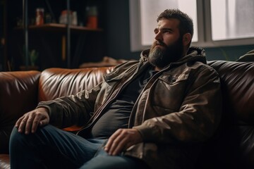 Obraz premium A man with a beard and a brown jacket is sitting on a couch