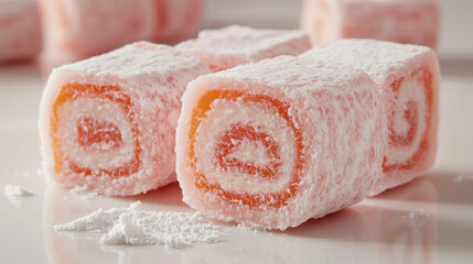 Pink Turkish delight, dusted with powdered sugar, on a shiny surface. The sweets have a roll shape, with white and pink layers inside, making them visually appealing