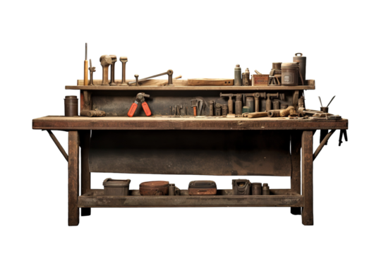 Craftsman's Workshop Loaded With Tools and Artistry in a Rustic Setting on Transparent PNG Background..