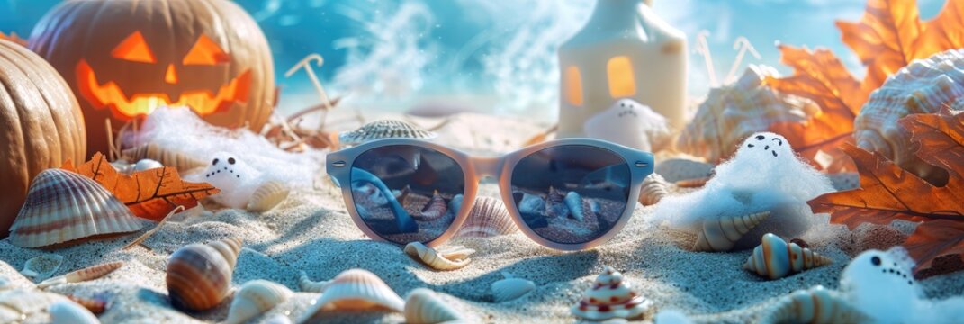 A beach setting with Halloween sunglasses lying on a towel, surrounded by spooky seashells and ghost - shaped sandcastles